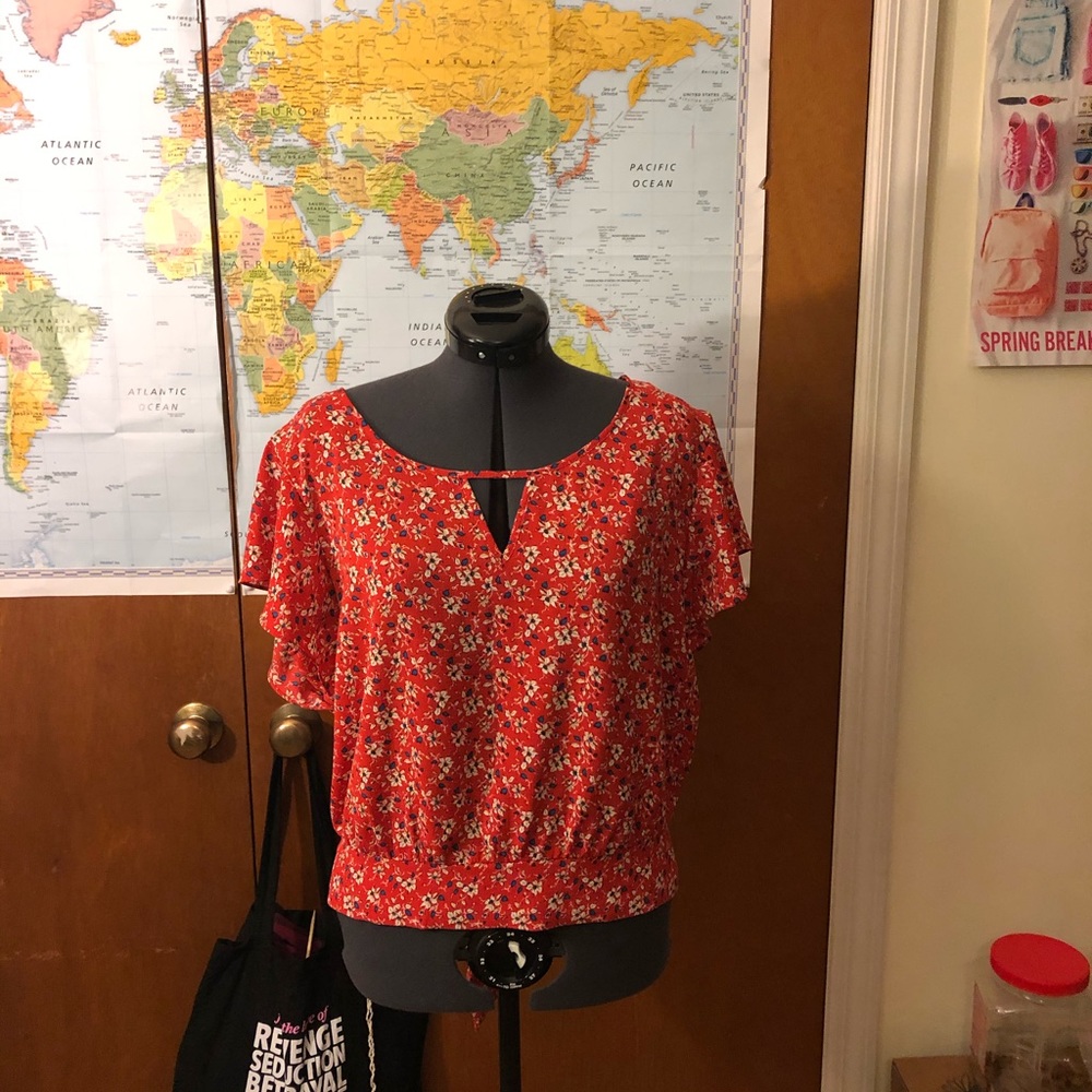 Red floral blouse